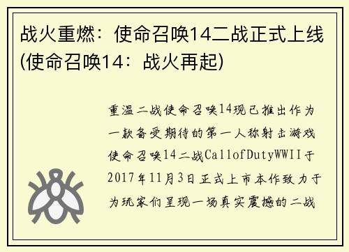 战火重燃：使命召唤14二战正式上线(使命召唤14：战火再起)