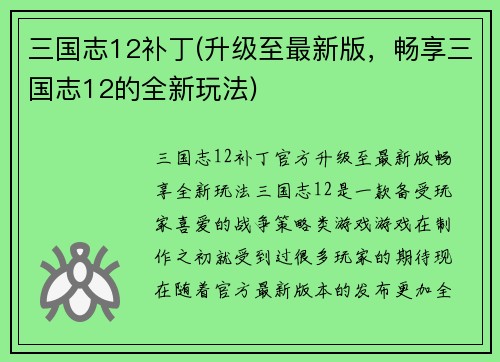 三国志12补丁(升级至最新版，畅享三国志12的全新玩法)