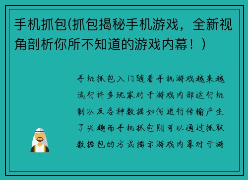 手机抓包(抓包揭秘手机游戏，全新视角剖析你所不知道的游戏内幕！)